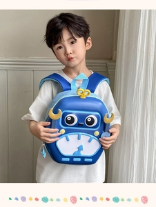 Detail of cute blue robot toddler backpack with lightweight hard shell and broad straps