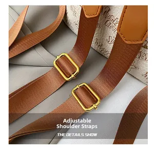 Detail of adjustable nylon strap with gold metal buckle on white printed backpack