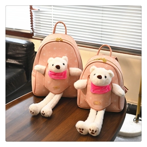 Dettaglio di zaini rosa a forma di orso in due dimensioni con peluche e zip a fiore