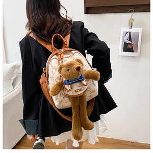 Close-up of beige canvas backpack with brown teddy bear mascot and monogram print