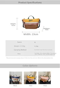 Detailed dimension chart for a stylish canvas crossbody bag with multi-color options
