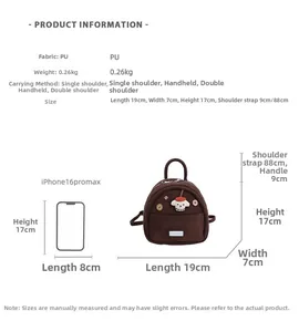 Detailed size comparison of the dark brown PU backpack with iPhone and measurements