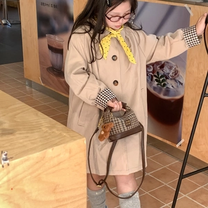 Girls beige trench coat with plaid cuff detail and matching yellow polka dot scarf
