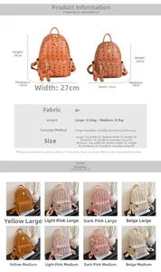 Size comparison chart for large and medium PU leather backpacks with bear print details