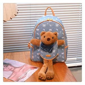 Cute Cartoon Plush Bear Backpack Denim PU Leather Spacious Casual School Bag For Girls Kids Novelty Stylish