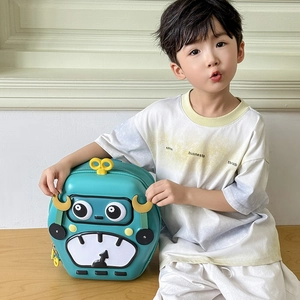 Cute robot-themed hard shell toddler backpack in green for nursery school kids
