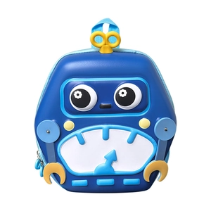 Blue robot-shaped EVA hard shell backpack for children with cartoon eyes and 3D details
