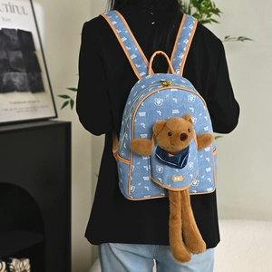 Cute light blue denim backpack with 3D plush bear and cartoon prints for women