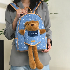 Zaino in denim blu con orsetto di peluche 3D e stampe a fumetti per donna