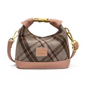 Brown plaid girls crossbody bag with pink leather trim and gold metal handle