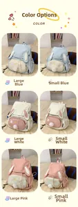 Detail of plush bunny ears and heart embroidery on the cute student backpack