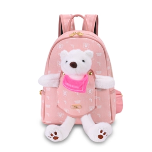 Pink girls backpack with 3D plush bear and pattern print for autumn and winter