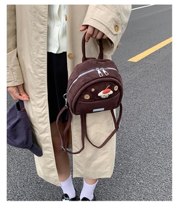 Detail of the brown corduroy mini backpack featuring a cute 3D cartoon bear face design
