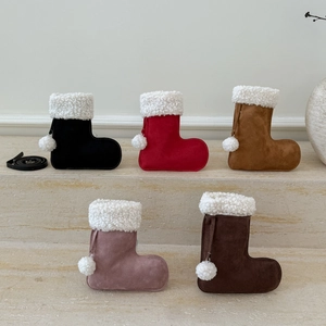 Faux suede boot-shaped bags in five colors with white fleece trim and cute pom-poms