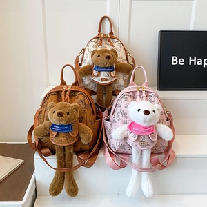 Cute Mini Women Backpack PU Leather With 3D Plush Bear Doll Cartoon Print Fashion Casual School Rucksack For Girls