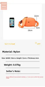 Orange nylon kids fanny pack measuring 18x12x4cm shown beside a phone for scale