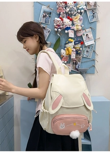 Detail view of cute rabbit ear backpack with star embroidery and white plush pompom