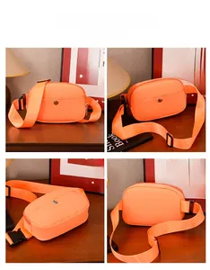 Detailed views of bright orange waterproof nylon chest bag with adjustable strap