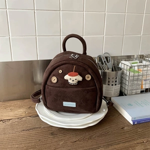 Mini Backpack Corduroy Plush Cartoon Dog Pattern Wood Button Fashion Kawaii Brown Small Travel Bag For Women Girls