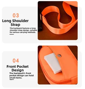 Detail of orange nylon kids waist bag with adjustable shoulder strap and snap pocket