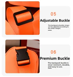 Detail of adjustable nylon strap and durable plastic buckle on the orange kids chest bag