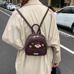 Mini brown corduroy backpack with cute cartoon dog patch and decorative buttons