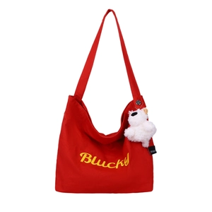 Sac bandoulière rouge en toile pour enfant avec broderie et porte-clé ours mignon