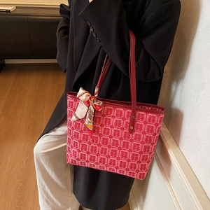 Red festive tote bag with traditional double happiness pattern and floral silk scarf