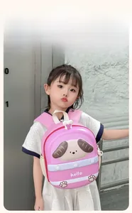 Detailed back view of a pink dog-themed hard shell toddler backpack with breathable mesh straps