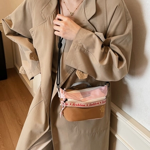 Pink and yellow patchwork canvas crossbody bag with Fashion print on casual trench coat