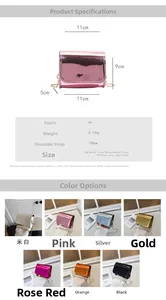 Detail showcasing seven color options for this mini metallic PU chain crossbody bag