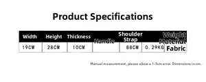 Detailed size chart for kids color-block backpack showing dimensions 19x28x10cm