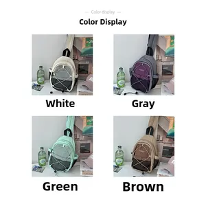 Color display of nylon sling bags in white, grey, green and brown with bungee cords