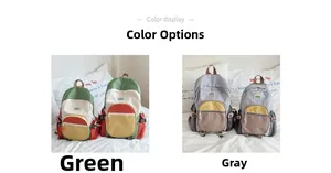 Detailed color display of multi-pocket backpacks in green and grey patchwork design