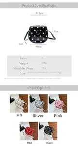 Detailed size chart and multi-color options for children's polka dot heart crossbody bag