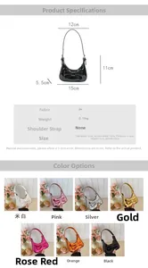 Detailed dimension chart and 7-color display of crescent bow handbags for kids