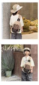 Detail view of kids outdoor functional set with drawstring hat and contrast cross-body bag