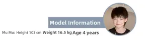 Size guide for kids backpack with model Mumu height 103cm and weight 16.5kg