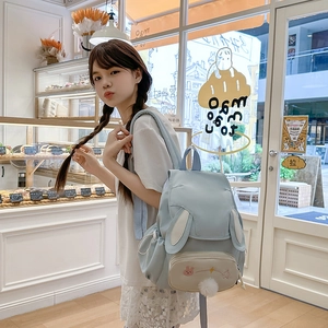 Light blue bunny ears backpack with embroidery and pompom for school students