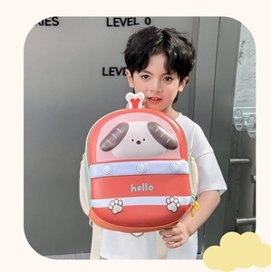 Detail of red EVA hard shell toddler backpack with cute 3D cartoon dog and hello text