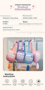 Detail view of colorful kids chest bags with cartoon teeth design and plush charms