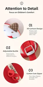 Detail of red toddler backpack with 3D cartoon charm, adjustable straps, and dual zippers
