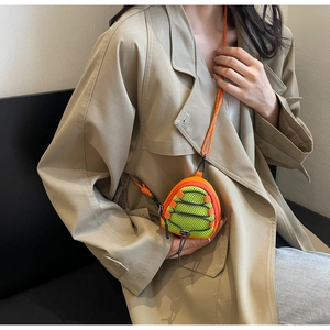 Detailed view of neon orange and green mesh neck pouch with drawstring for kids