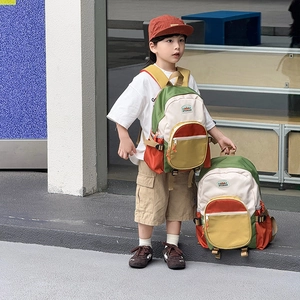 Kids vintage color-block backpack in durable canvas with large capacity for school
