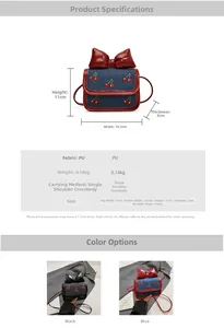 Detailed view of cherry embroidery and large red bow on denim mini crossbody bag
