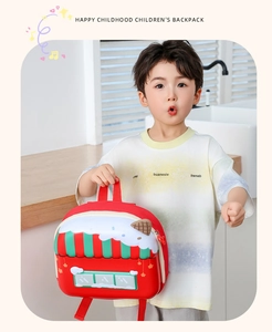 Detail of red EVA hardshell toddler backpack with cartoon store and ice cream design