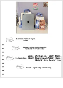 Detailed size comparison of cute bunny embroidery checkered backpacks in two sizes
