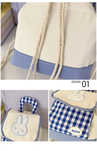 Detail of Miffy bunny embroidery and blue plaid pattern on canvas toddler backpack