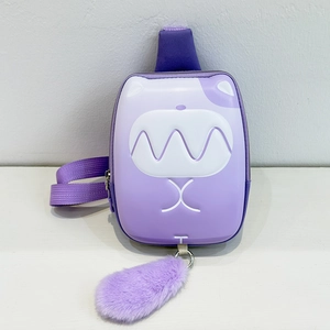 Detail of purple cat EVA chest bag showing smooth hardshell texture and plush tail charm