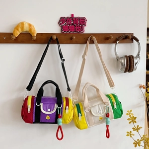 Kids Cylinder Shoulder Bag Nylon Color Block Cartoon Duck Crossbody Handbag Cute Lightweight Boys Girls Casual Fashion